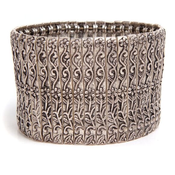 Silver Metal Wide Cuff Bracelet Floral Stretch Antiqued Boho Brushed Bangle - Picture 7 of 7